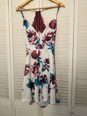 Floral V-Neck Sundress in White with Burgundy & Teal Flowers